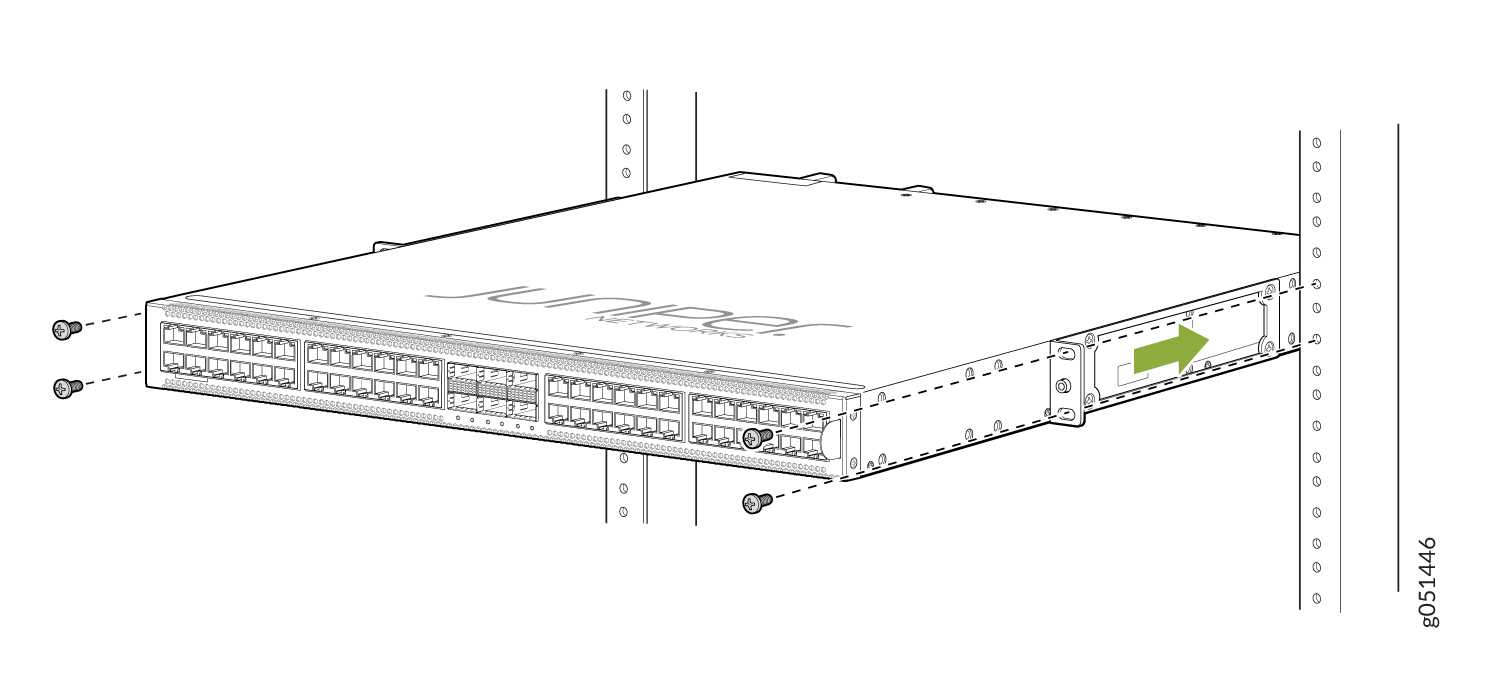Juniper Networks switch installation in rack with screws on left and green arrow indicating slide direction. Front panel with multiple ports.