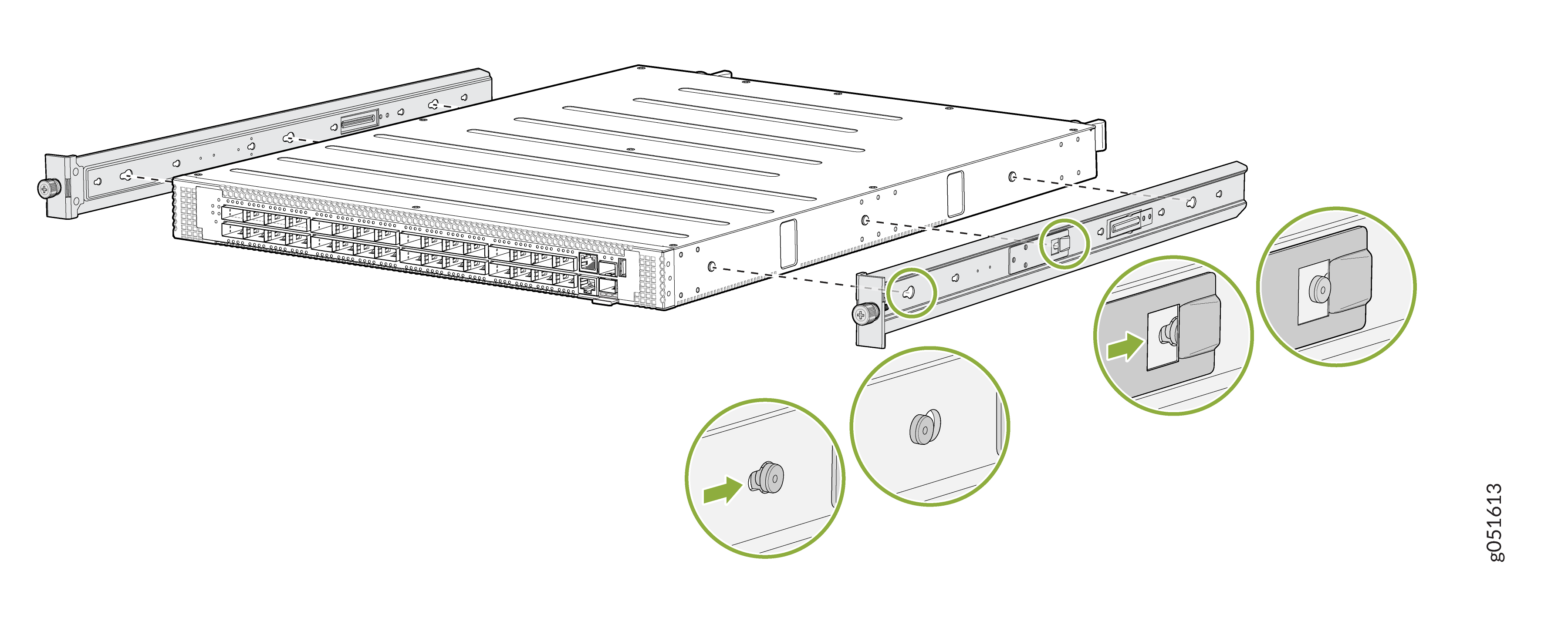 Rack-mounted network device installation with green circles highlighting alignment and securing steps. Zoomed views show detailed instructions.