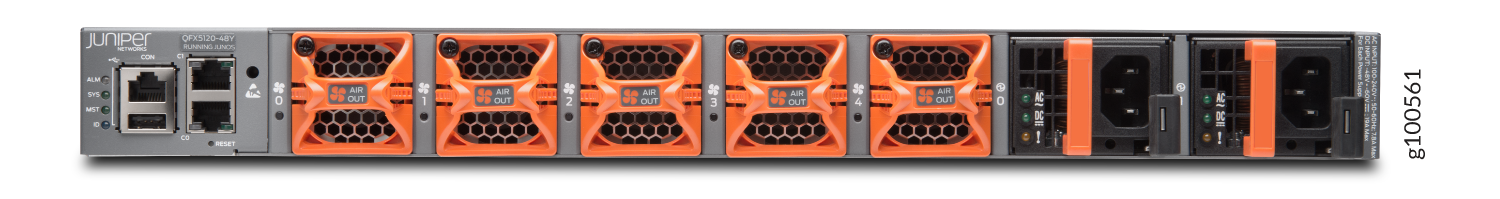 Rear view of Juniper Networks QFX5120-48Y switch showing network ports, orange fan modules, and black power supply units.