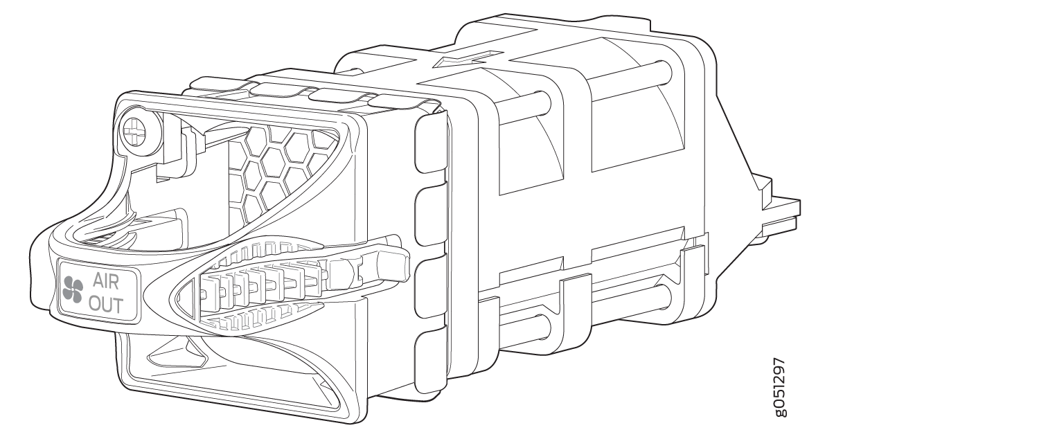 Technical line drawing of a ventilation component labeled AIR OUT with honeycomb pattern and arrow indicating airflow direction.