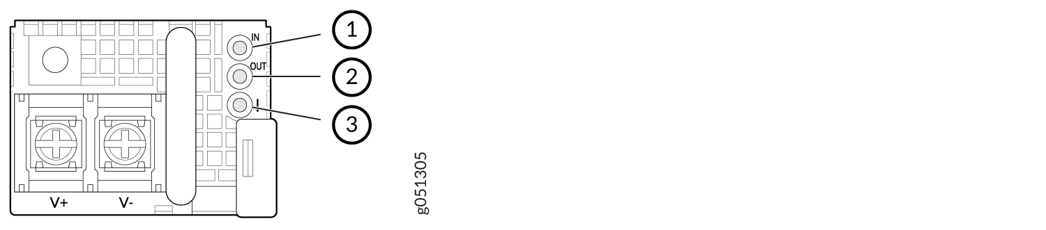 Technical diagram of an electronic module with labeled IN input OUT output I control ports V+ and V- voltage terminals and cooling vents.