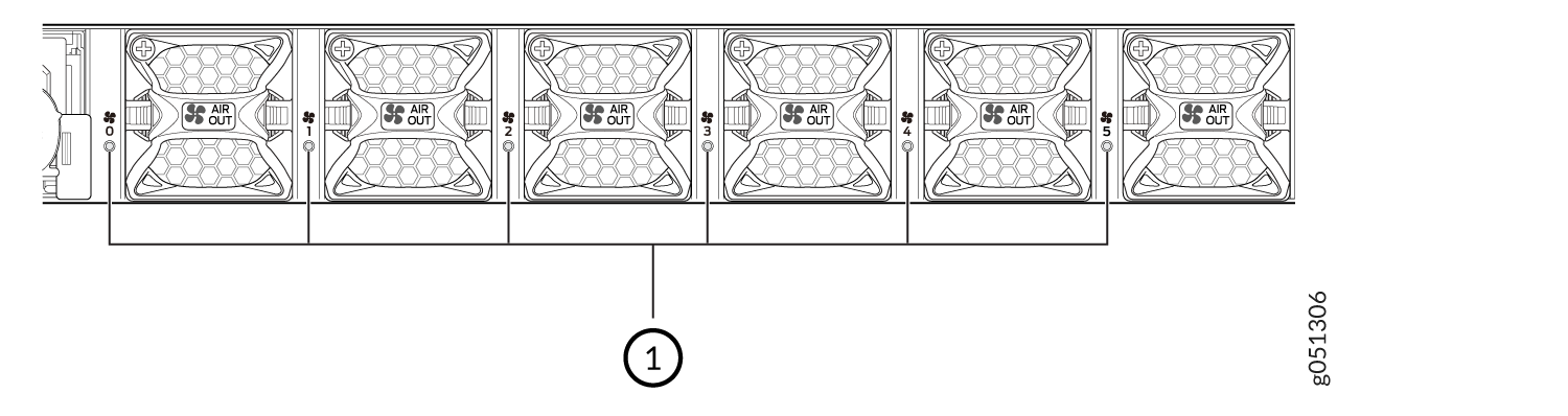 Cooling fans numbered 0 to 5 with AIR OUT labels showing airflow direction, featuring honeycomb patterns for optimization.