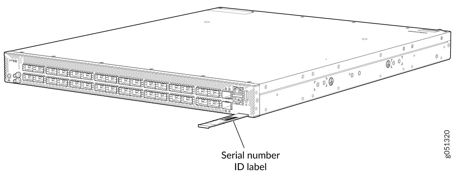 Juniper Networks switch with multiple ports for network connections and a pull-out tab labeled Serial number ID label.