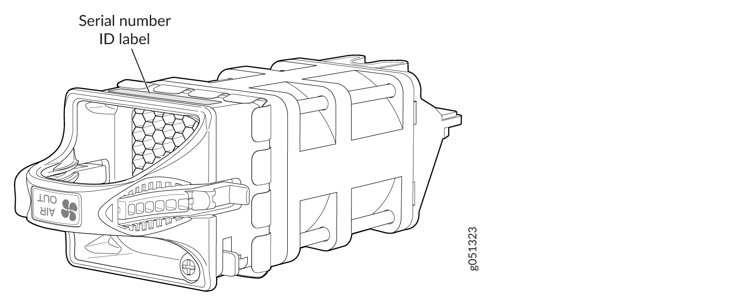 Technical drawing of an air filter with AIR OUT label and fan icon, highlighting Serial number ID label location.