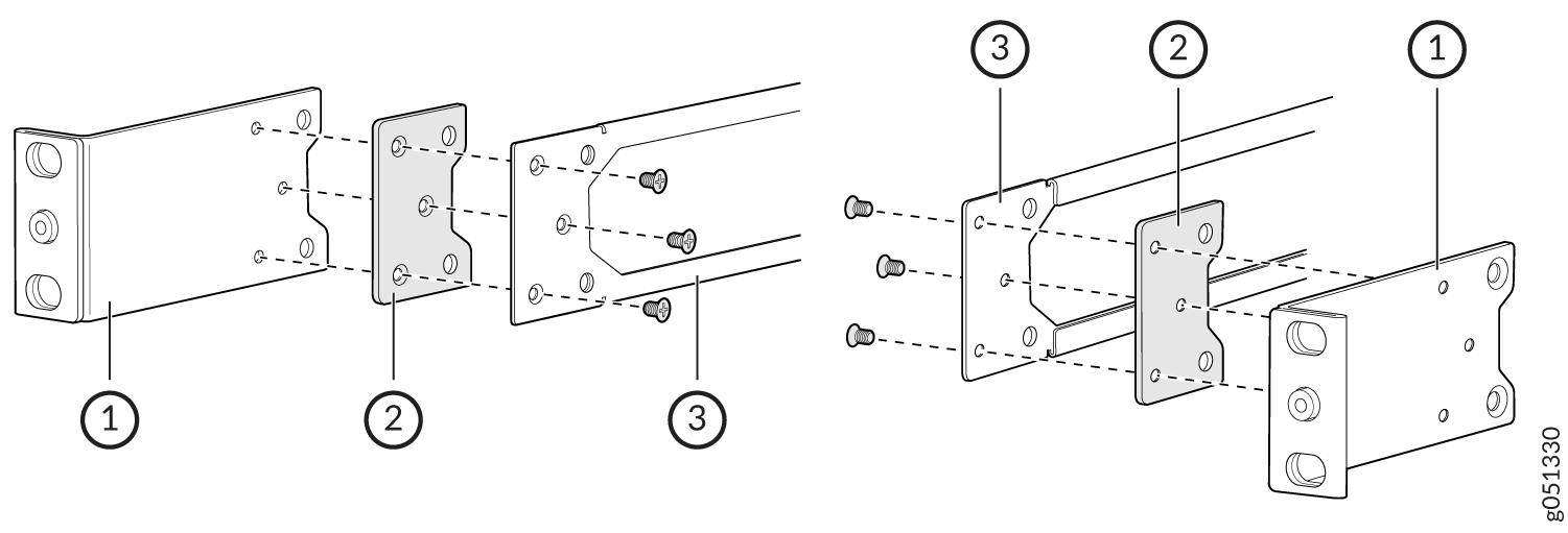 Exploded diagram showing assembly of a mechanical component with a rectangular block, flat plate, and fastening screws.