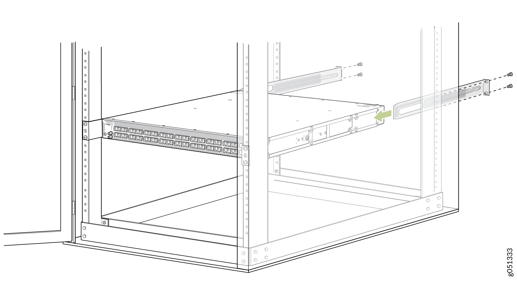 Server being installed into a rack using sliding rails attached to vertical posts for secure installation and easy access.