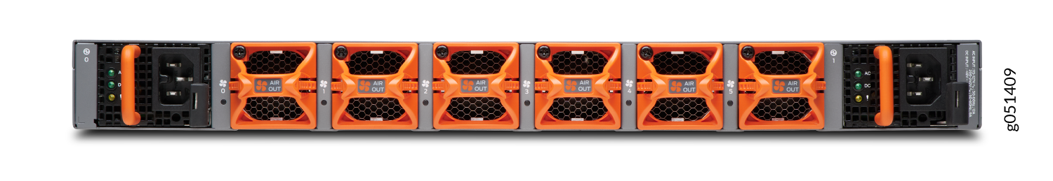 Rear view of server chassis showing orange fan modules labeled AIR OUT for cooling airflow direction and black power supply units with AC and DC indicators.