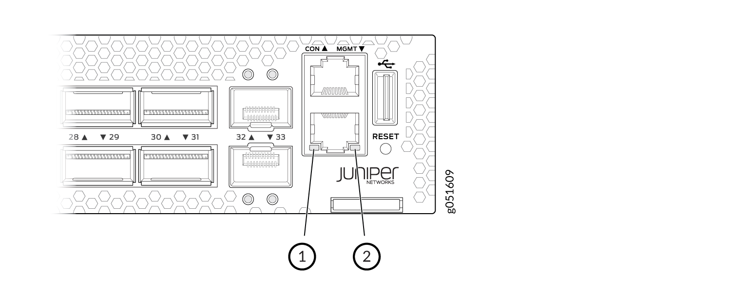Juniper Networks device interface with ports 28 to 33, console and management RJ-45 ports, USB port, reset button, and logo.