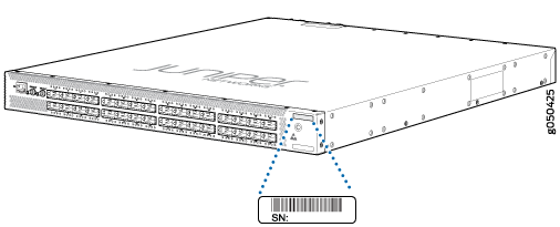 Juniper Networks device with multiple ports; highlighted section shows serial number location for identification.
