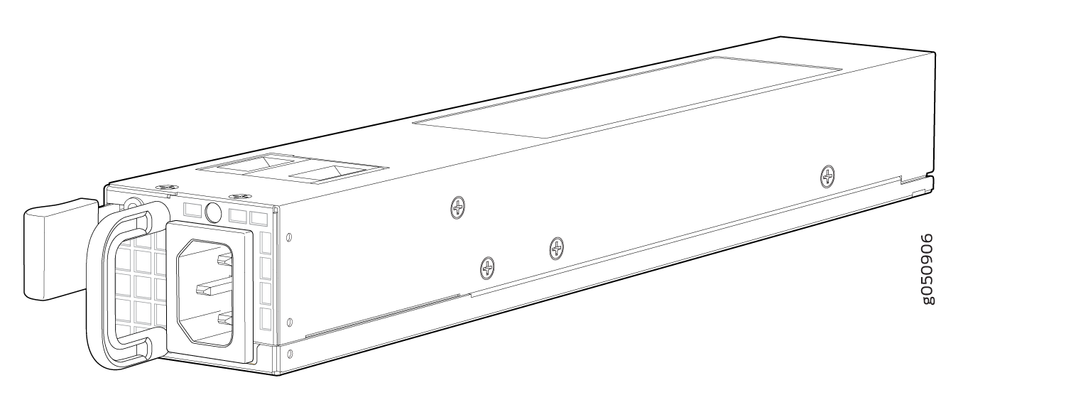 Technical drawing of a modular power supply unit with a connector interface and front handle for easy removal.