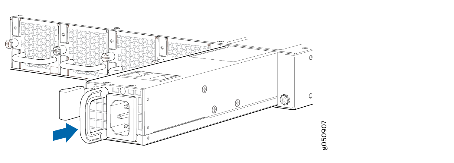 Power supply unit removal or installation with blue arrow indicating movement direction and honeycomb panel for airflow.
