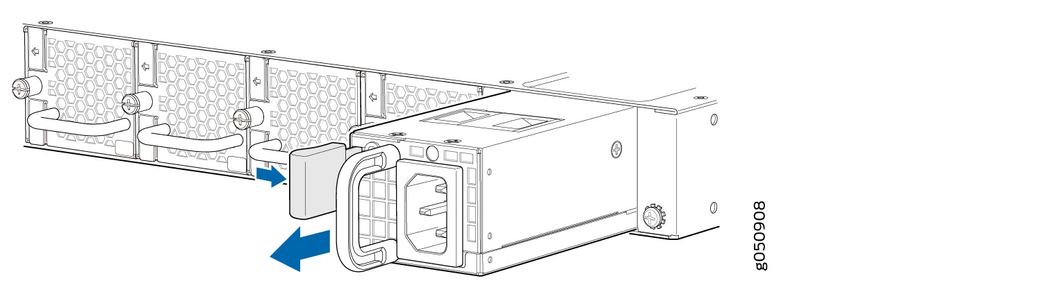 Power supply unit being removed from chassis with blue arrows indicating direction and honeycomb pattern for ventilation.