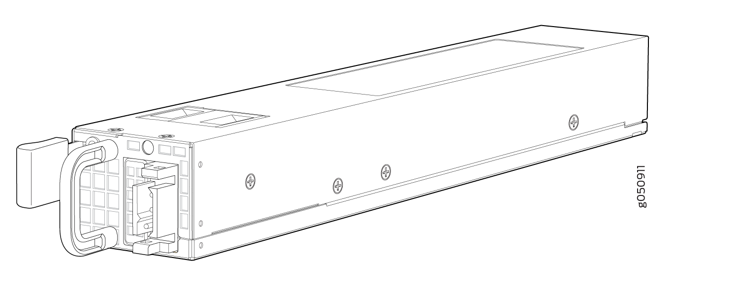 Technical drawing of a modular power supply unit with handle, connectors, and mounting screws for rack-mounted systems.