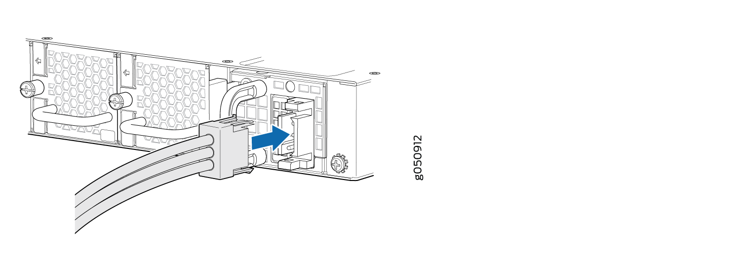 Cables connecting to a server port with a blue arrow showing insertion direction; honeycomb ventilation visible.