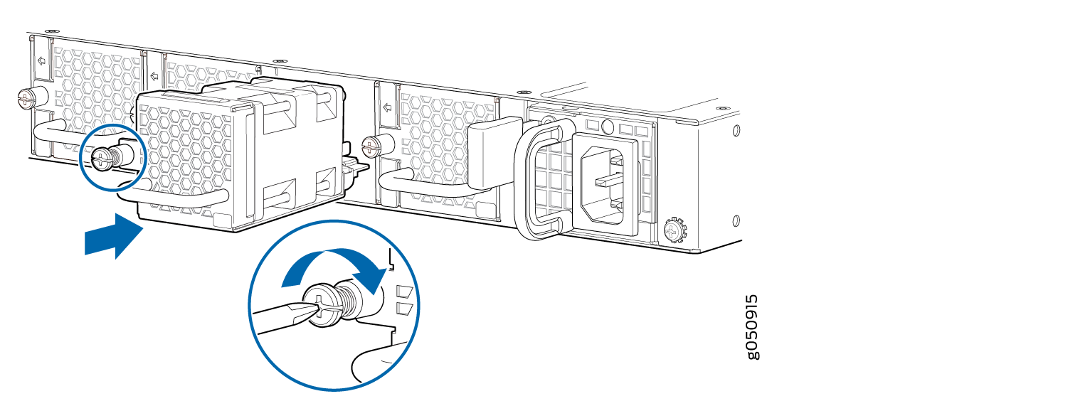 Diagram showing power connector and screw being turned to secure or release power cable on server's back.