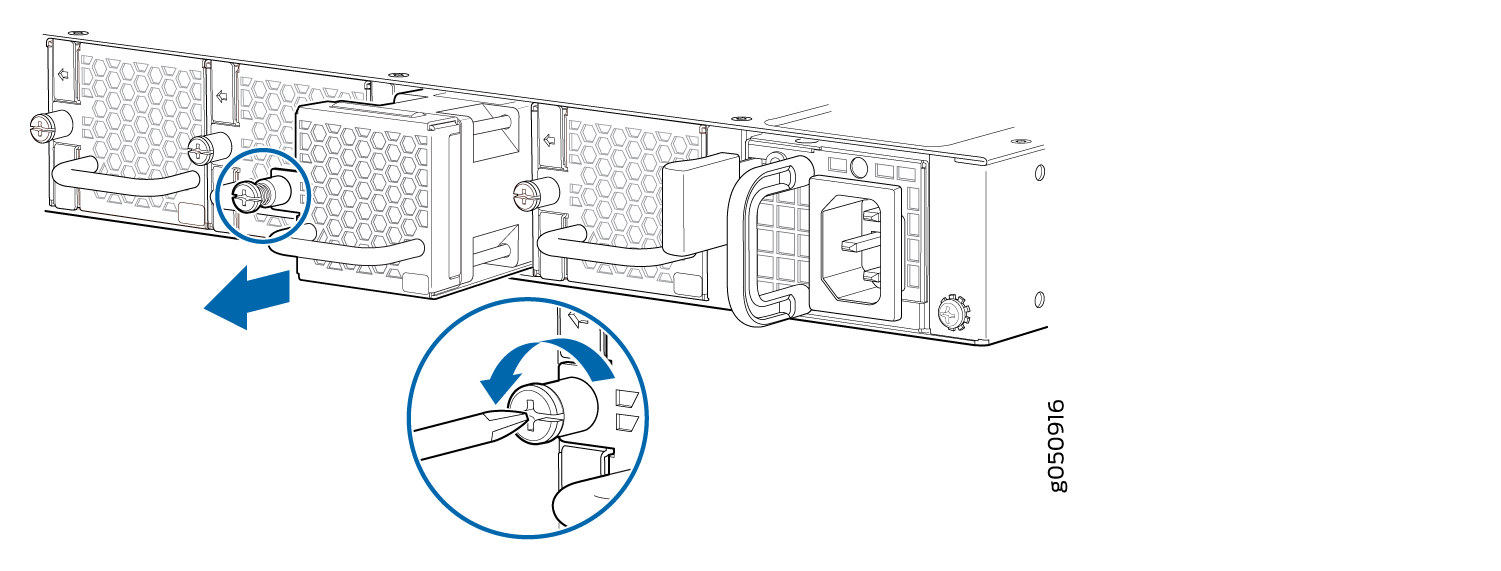 Rear view of server showing PSU removal or installation with tool. Blue arrows indicate movement direction for locking mechanism and PSU.