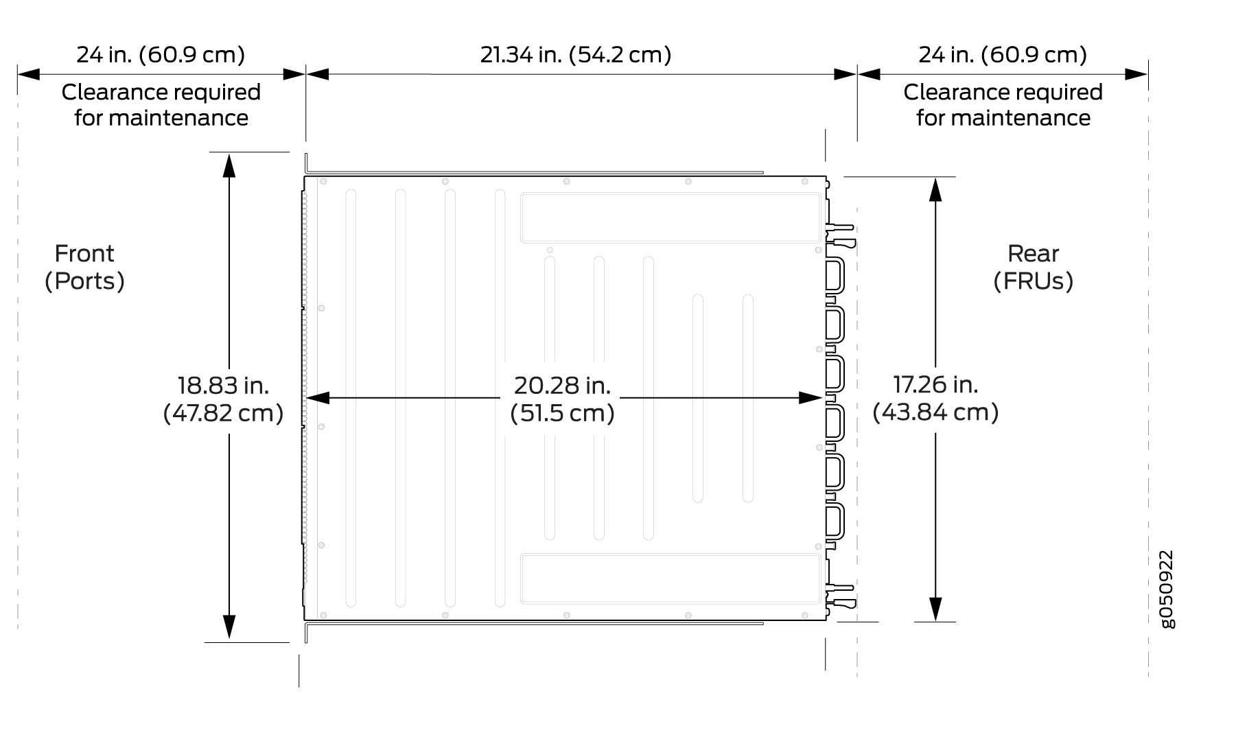 Technical diagram showing server dimensions: Depth 21.34 in, Width 18.83 in front, 17.26 in rear. Maintenance clearance: 24 in front and rear.
