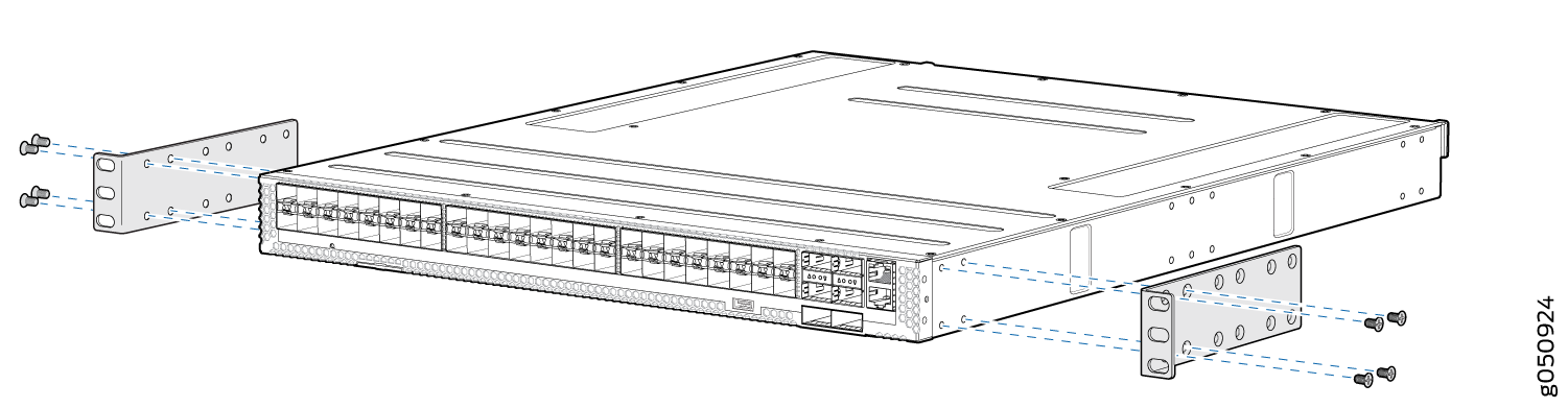 Network switch with rack-mounting brackets being attached for installation in a 19-inch server rack. Front panel shows multiple Ethernet ports.
