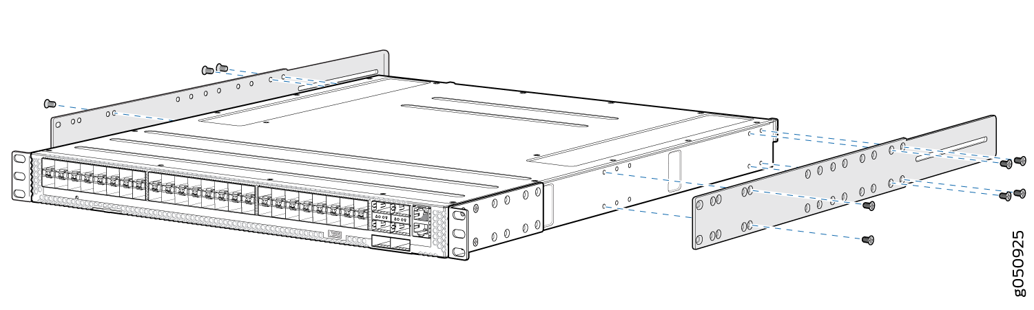 Rack-mounted network switch with mounting brackets attached and screws securing it for installation in a 19-inch server rack.