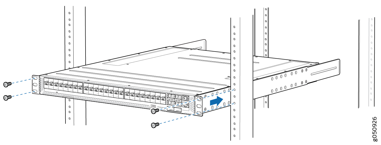Network switch being mounted into server rack with screws securing it to vertical rails. Front panel has multiple network ports.