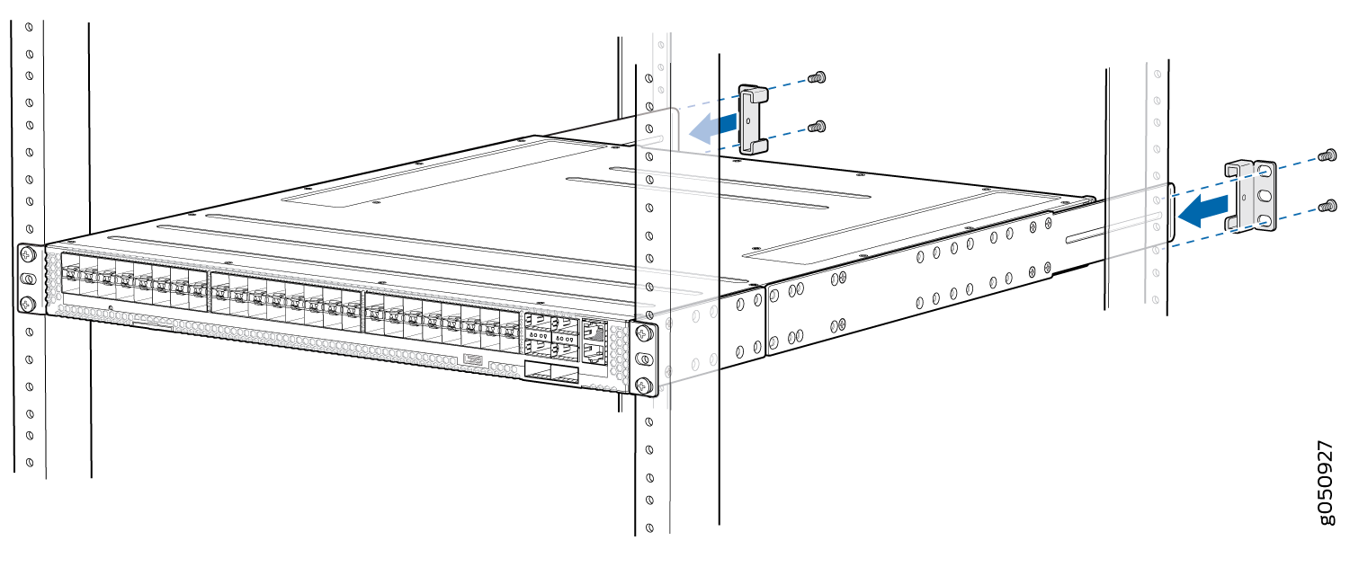 Network switch being installed into a server rack with brackets secured to rails using screws; blue arrows show installation direction.