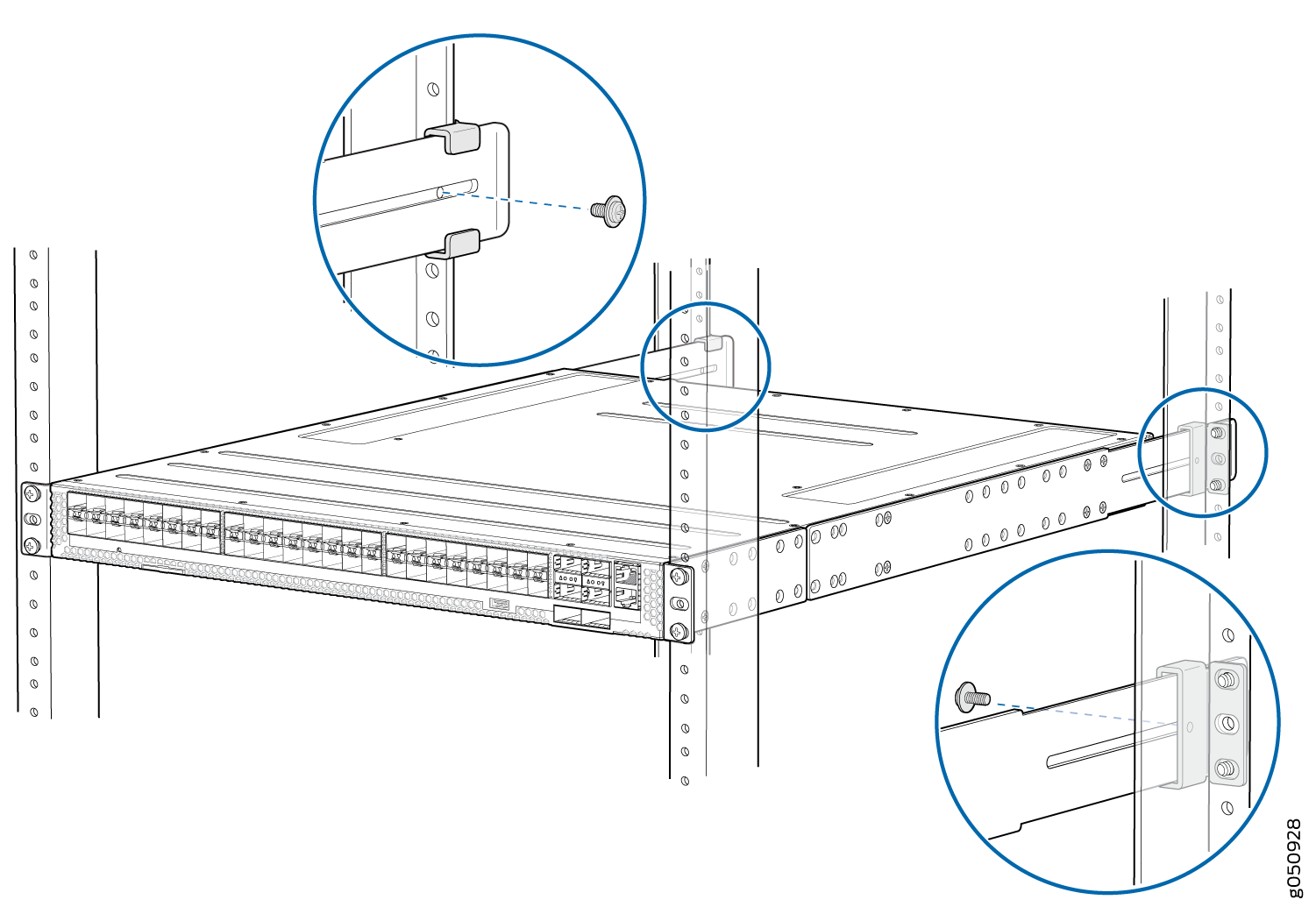 Rack-mounted network switch secured with brackets and screws in a server rack, highlighting attachment points on vertical rails.