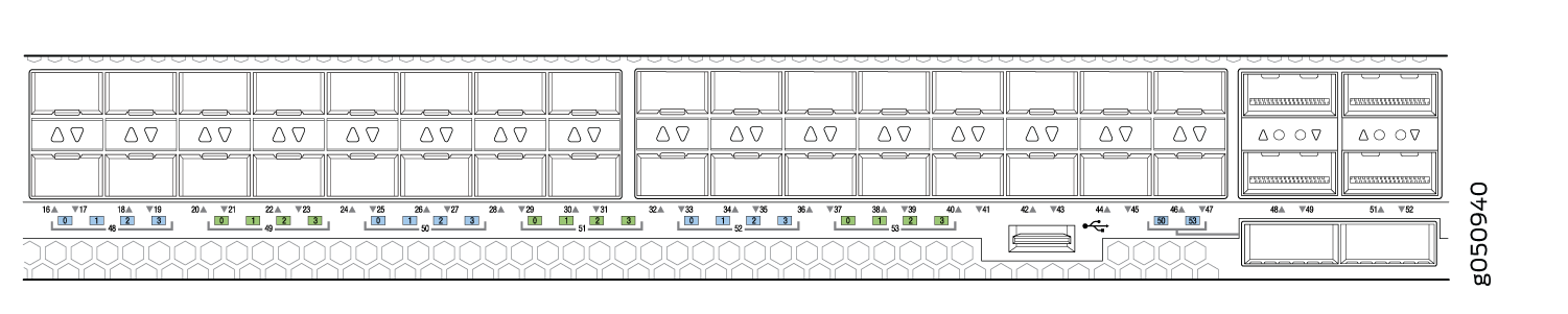 Electrical panel schematic with circuit breakers labeled by amperage 16A, 20A, 30A, switches, and modules. Numbered labels 46, 50, 52 indicate connections.