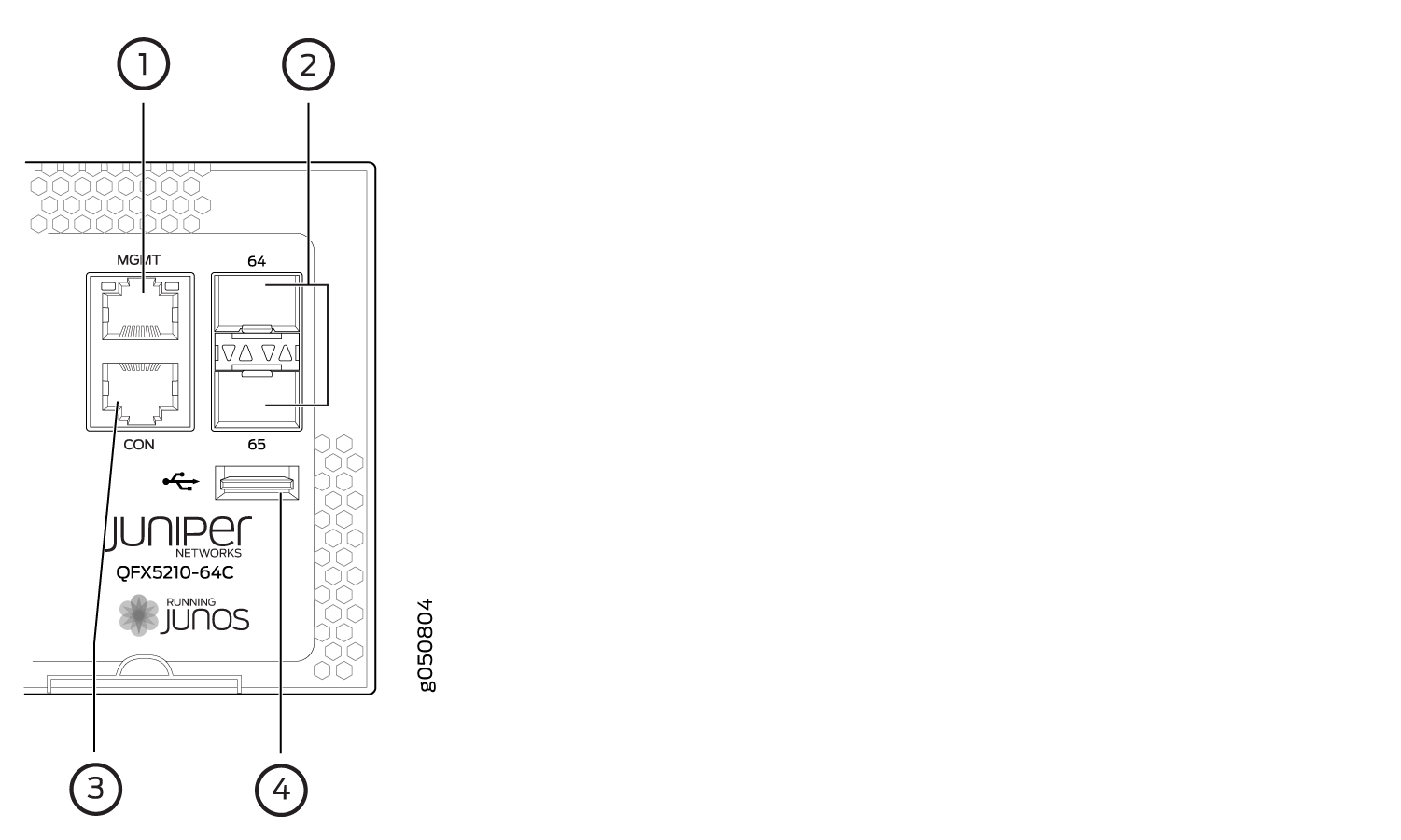 Diagram of Juniper Networks QFX5210-64C switch front panel showing MGMT port, CON port, USB port, and label area with ventilation patterns.
