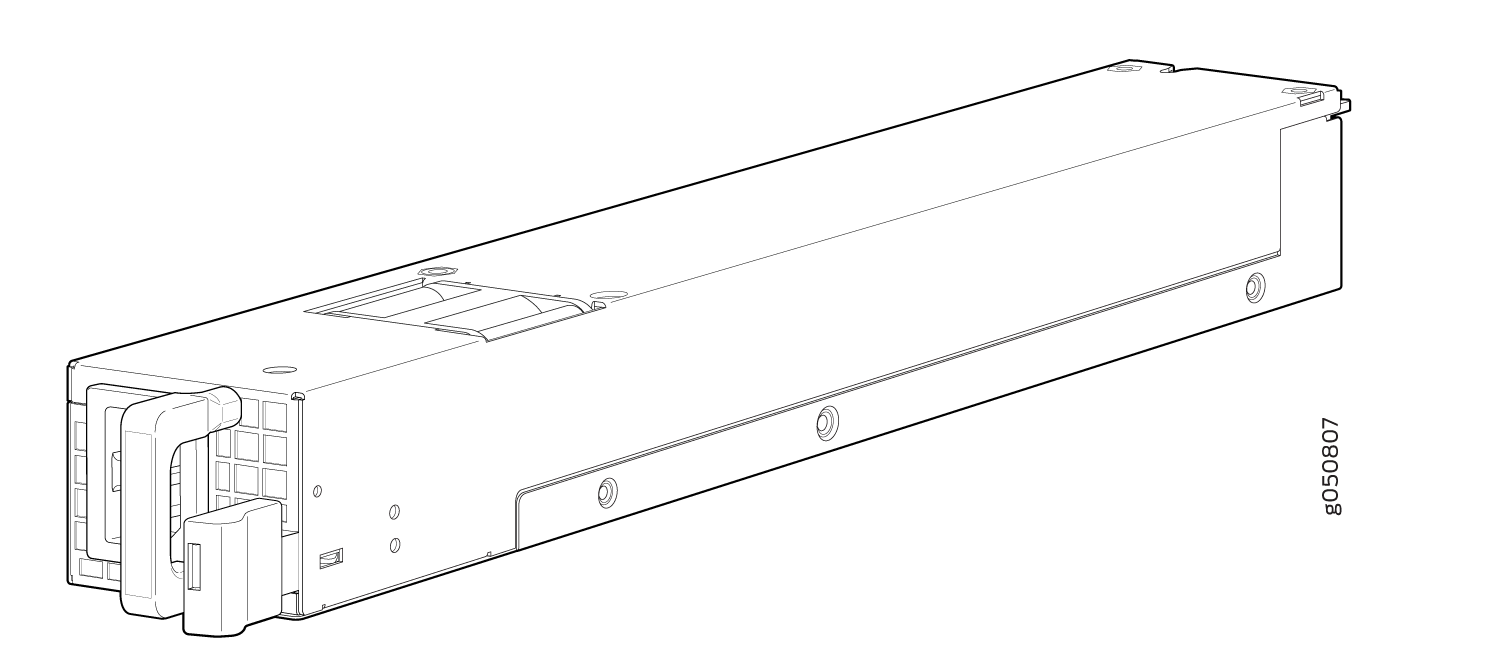 Technical line drawing of a modular hot-swappable power supply unit with handle and ventilation openings.