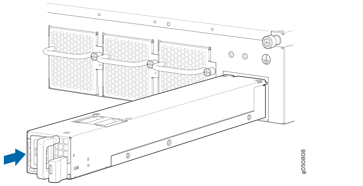 Power supply unit with handle being inserted or removed from server chassis with honeycomb ventilation. Blue arrow indicates direction.