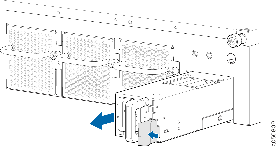 Removing or installing a power supply unit in a server with blue arrows indicating direction.
