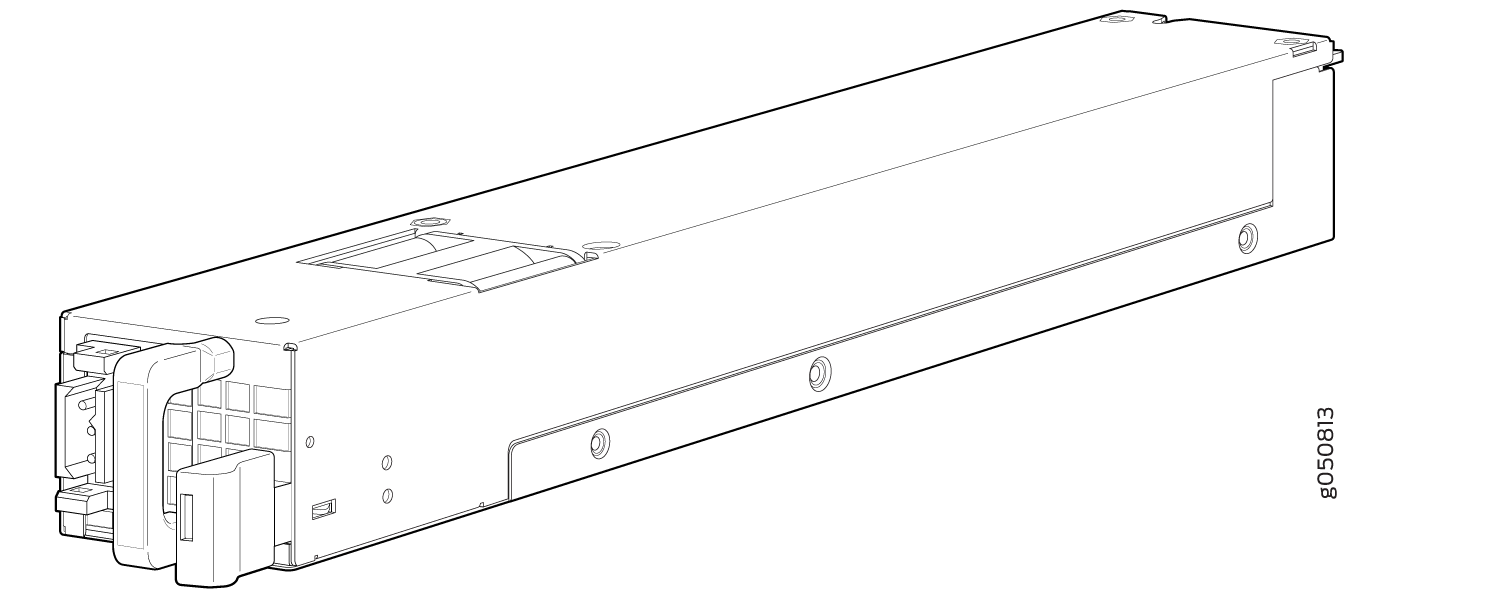 Technical line drawing of a modular power supply unit with connectors for electrical connections and a handle for insertion or removal.