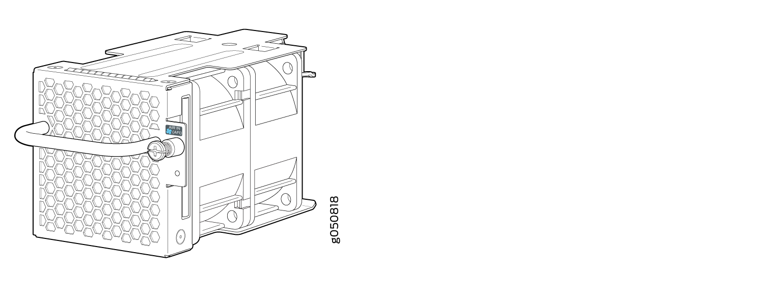 Line drawing of a server fan module with honeycomb grille for airflow, handle for installation, and label AIR IN CAF1.