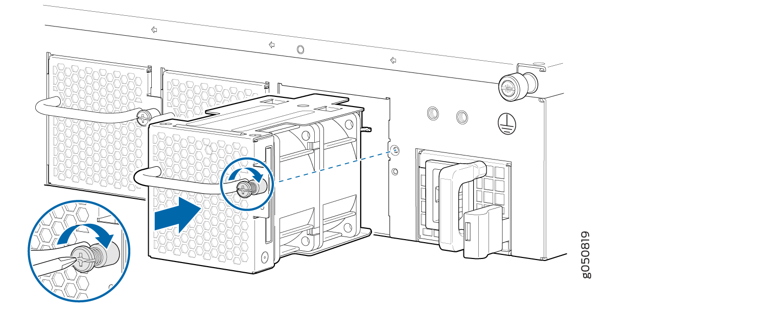 Removing power supply unit from server, turn screw or latch counterclockwise to release, honeycomb pattern for ventilation.