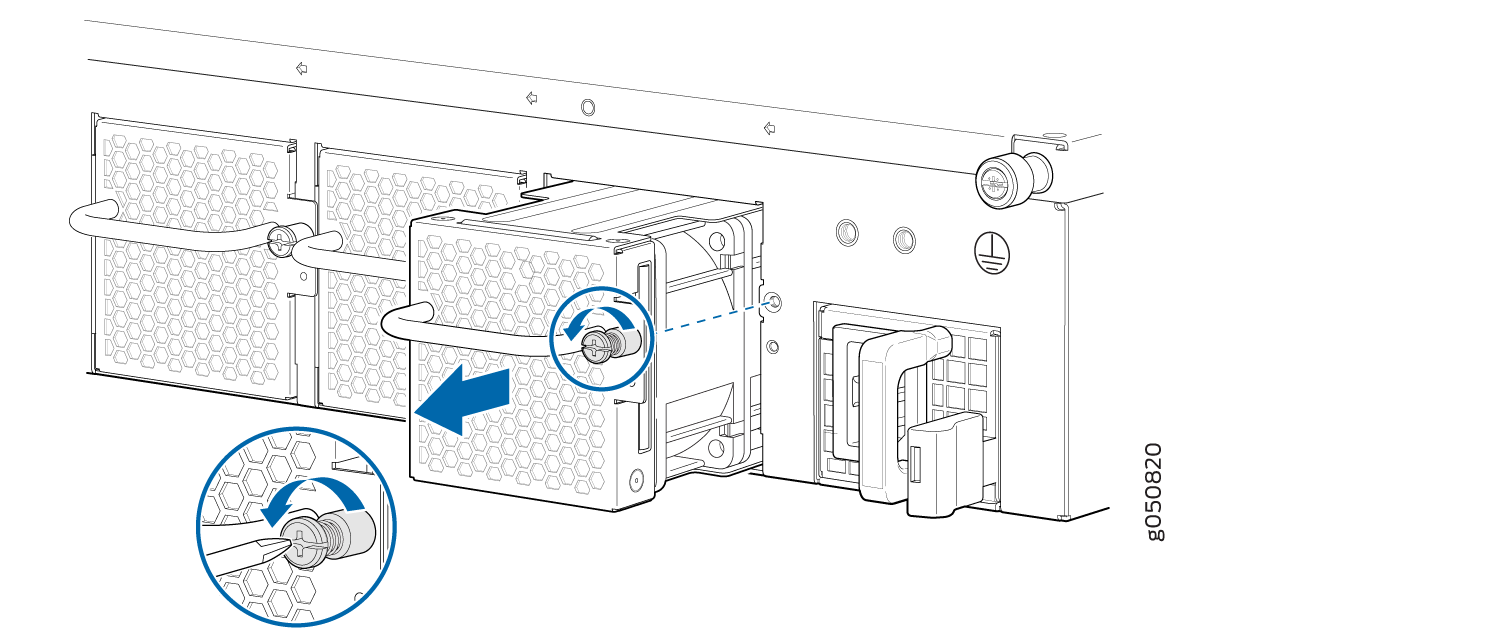 Removing or installing a PSU with airflow vents and a locking mechanism shown with a blue arrow for rotation direction.