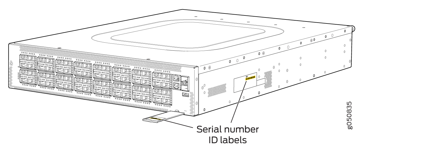 Network switch with multiple front ports for connecting cables, highlighting serial number ID labels on the side and bottom for identification.