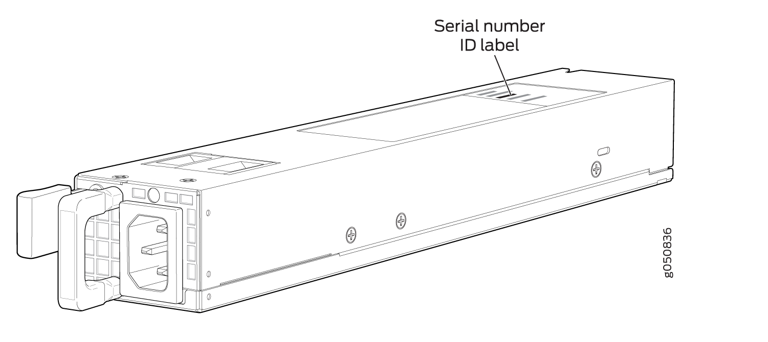 Line drawing of a power supply unit with a handle, power input connector, and serial number ID label location.