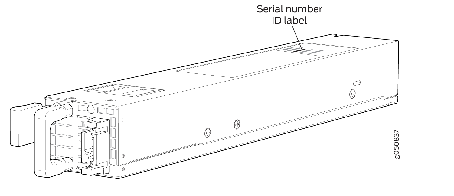 Technical drawing of a rectangular electronic component with a handle, connectors, ventilation grids, and labeled area for serial number ID.