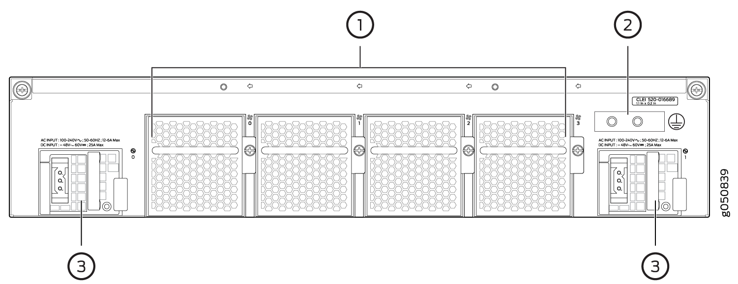 Rear view of a network device showing chassis frame, CLEI code tag, dual power supply units supporting AC 100-240V and DC -48V to -60V, and honeycomb ventilation pattern.