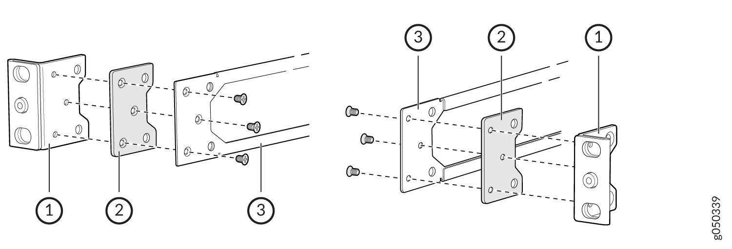 Exploded diagram showing the assembly of a component with a block-like part, a flat plate, and screws for alignment and fastening.