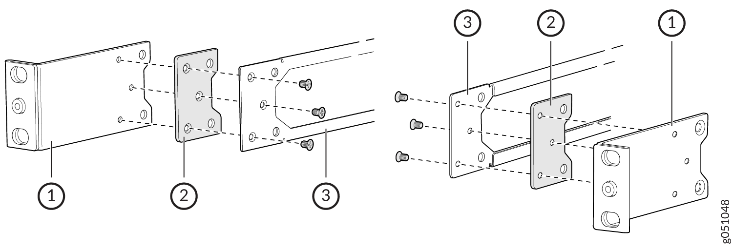 Assembly illustration showing a rectangular bracket with holes, a flat connector plate, and screws for fastening.