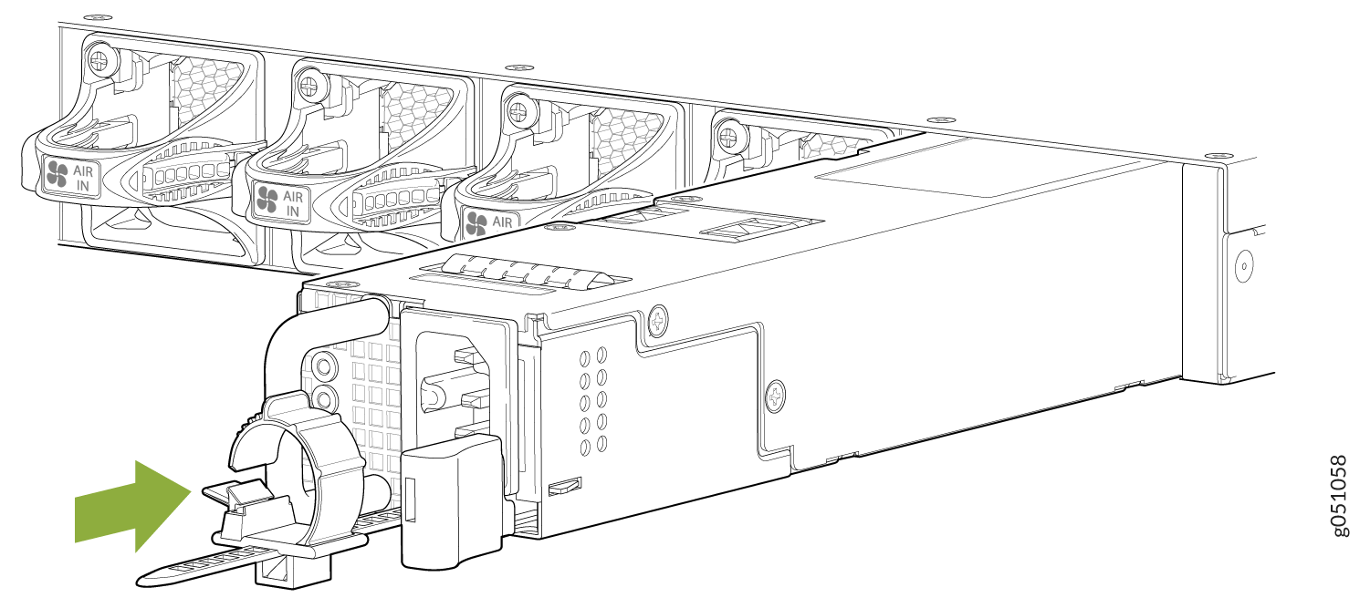 Power supply unit installation in server chassis with green arrow indicating movement direction. Cooling fans labeled AIR IN above PSU.