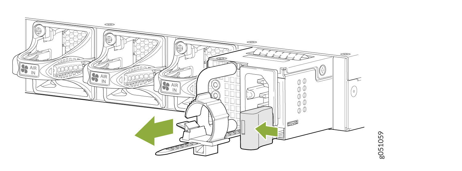 Technical diagram showing server airflow with cooling fans labeled AIR IN on the left and power supply unit on the right with green arrows indicating component handling steps.
