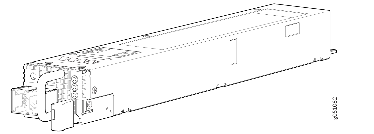 Technical line drawing of a PSU with connectors, handle, ventilation, and label g051062.