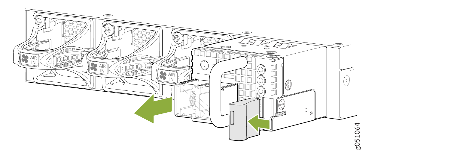 Server hardware illustration showing PSU removal or installation with green arrows. Cooling fans labeled AIR IN indicate airflow direction.