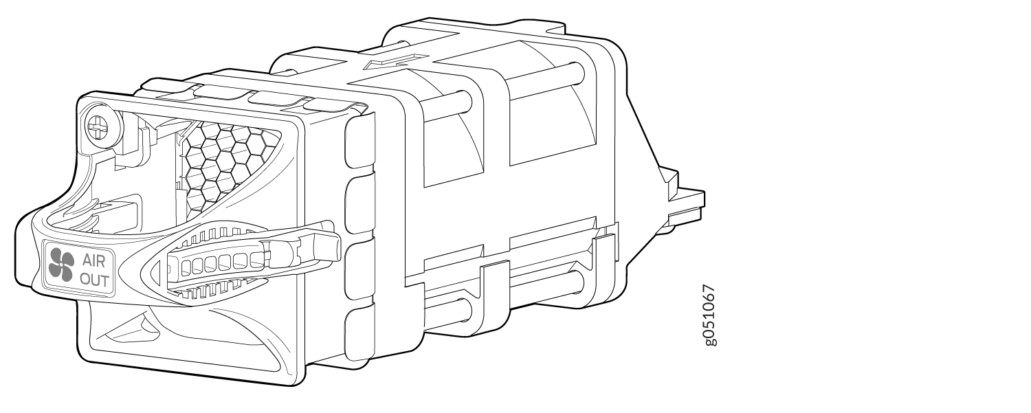 Technical drawing of a ventilation component with AIR OUT label and fan icon, featuring honeycomb pattern for airflow design.