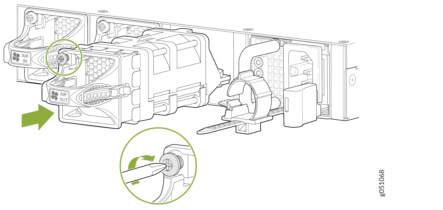 Diagram of a device showing airflow with labeled sections AIR IN and AIR OUT, highlighting components like clamp and screw with green arrows for assembly instructions.