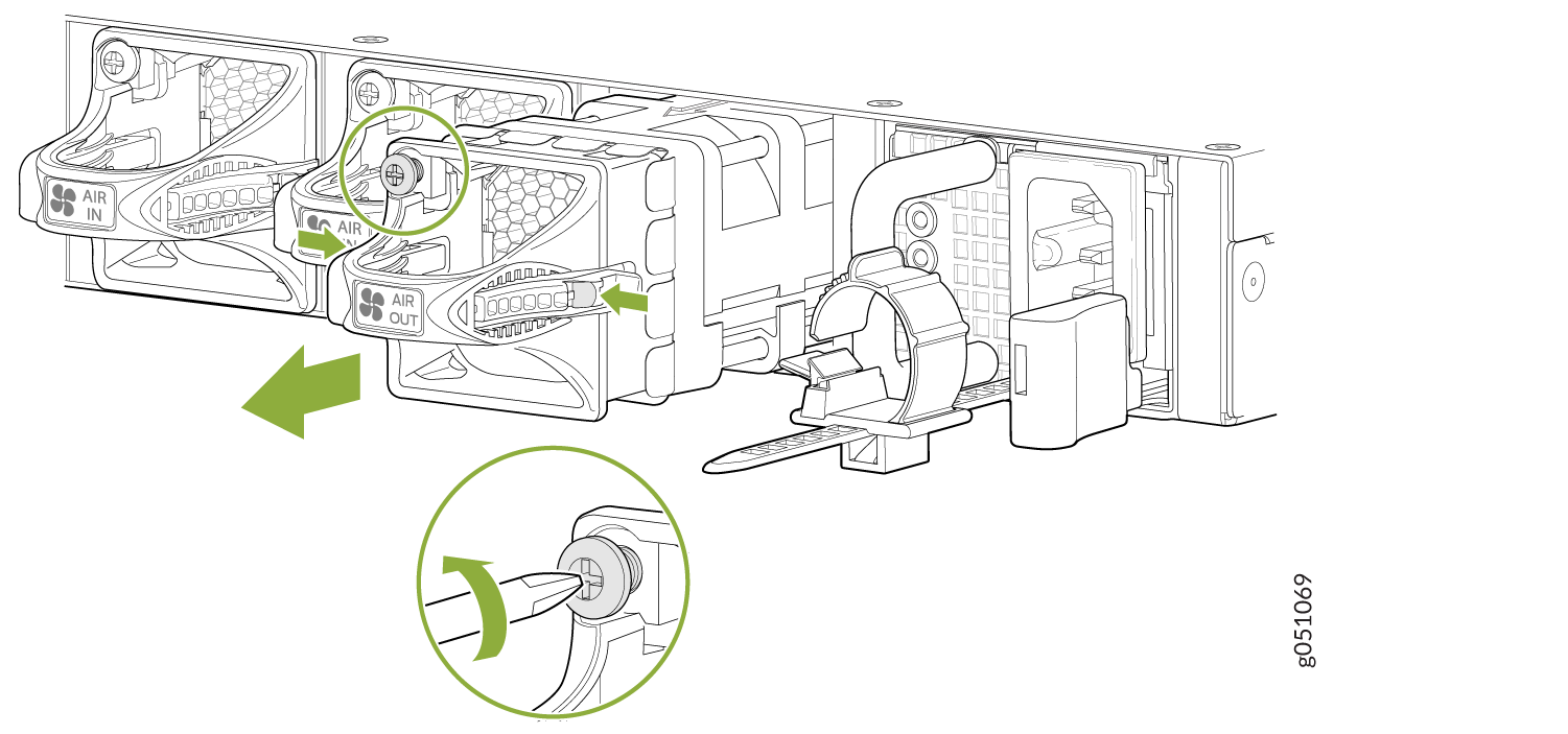 Technical illustration showing removal or installation of server cooling fans with directions labeled AIR IN and AIR OUT, and tool use instructions.