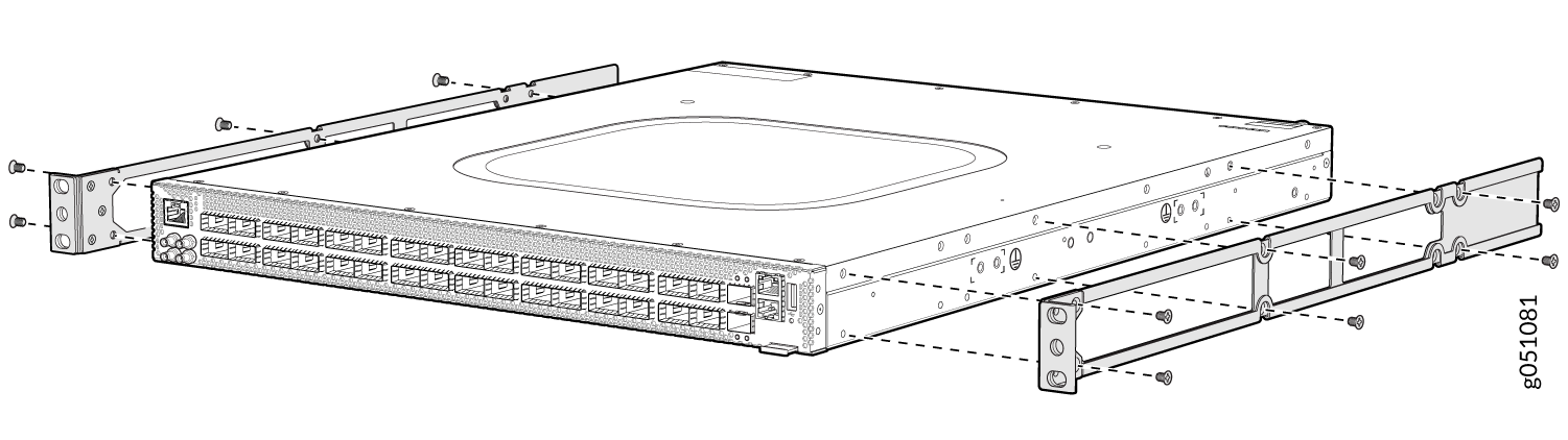 Rack-mounted network switch installation with mounting brackets, screws, and front panel ports for Ethernet or fiber optic connections.