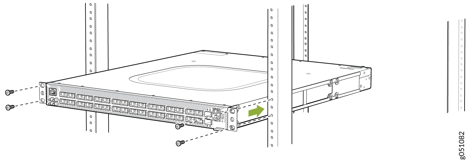 1U network device being installed into a server rack; green arrow indicates installation direction.